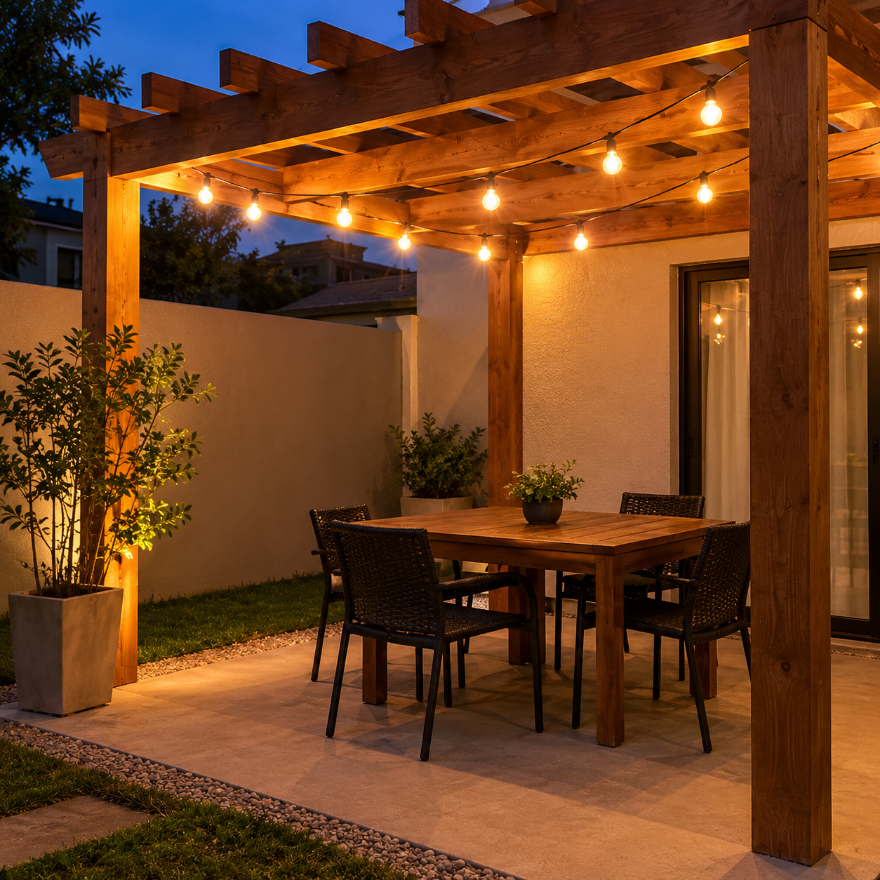 Área externa com pergolado e jardim iluminado ao anoitecer